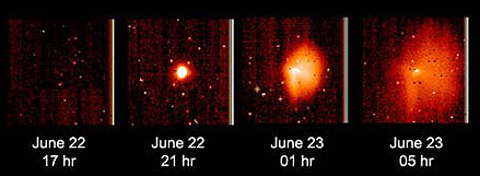 Sequence of images made by the Deep Impact camera showing a burstlike brightening and ejection of material from Tempel-1.