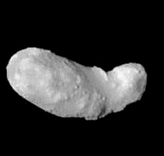 The asteroid Itokawa, shown as the Hayabusa spacecraft is approaching.