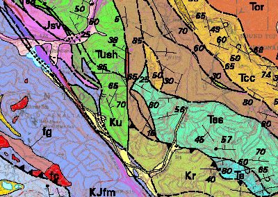 Geologic map of a region involved in folding and faulting.