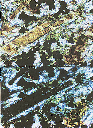 A breccia clast seen in plane polarized light in a microscope view (top); same field of view under crossed-Nicols, showing that the plagioclase laths have converted to thetomorphs (glass but the crystal retains its shape, i.e., did not melt and flow.