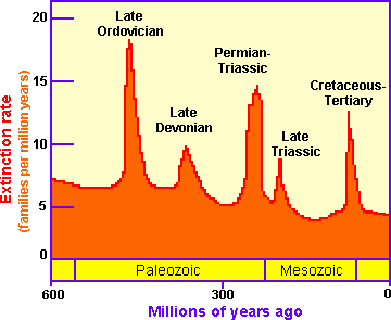 Plot of the major mass extinctions since the beginning of the Paleozoic.