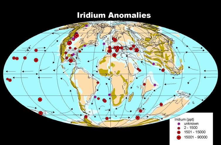 Global distribution of Iridium-bearing deposits associated with the K-T boundary.