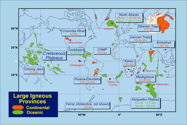 Geographic distribution of extensive igneous rock deposits.