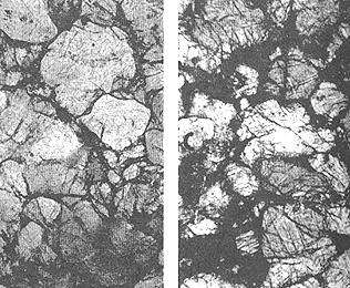 Two examples of shock-lithified sandstones: on the left, produced in a cratering experiment at the NTS; on the right, a fragment of a quartz sandstone-like rock collected at the Wabar Crater in Arabia, known to have been caused by an impact because of iron meteorite pieces scattered around the site.  