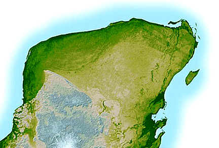 SRTM enhanced topography image of the Yucatan Peninsula of Mexico.