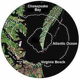 The Chesapeake Bay crater, located near the mouth of that estuary; inner white line outlines the central uplift; outer line the crater rim; USGS image.