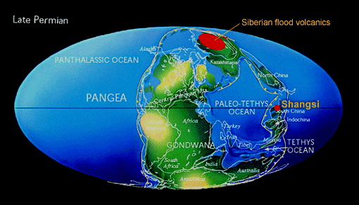 Location of the Siberian Trap basalts at the close of the Paleozoic.