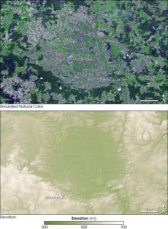 ASTER color image of the Ries Kessel structure (top) and a generalized elevation map (bottom).