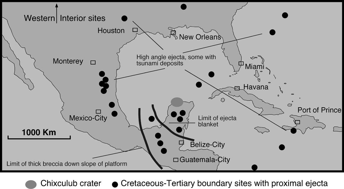 Locations of K-T deposits in southern North America.