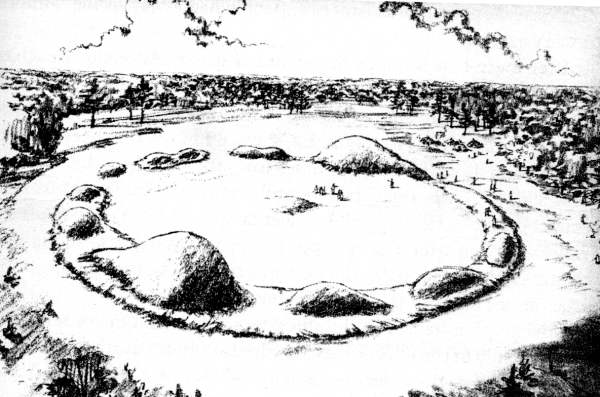 [Image: Ouachita mounds,
circa 3400 BC. Artist's rendition.]