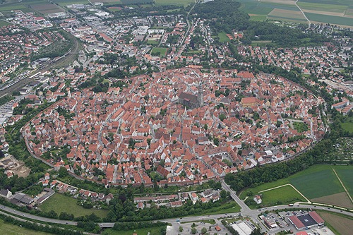 Aerial oblique view of Nordlingen in Bavaria, a town within the impact structure named the Ries Kessel.