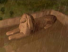 an artist's rendering of the sphinx as a male lion with rain falling on him